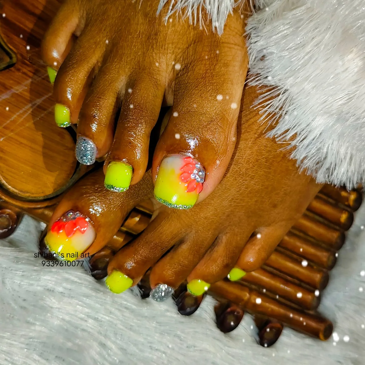 august toe nails 2026 Electric Lime Ombre with Sparkling Floral Details