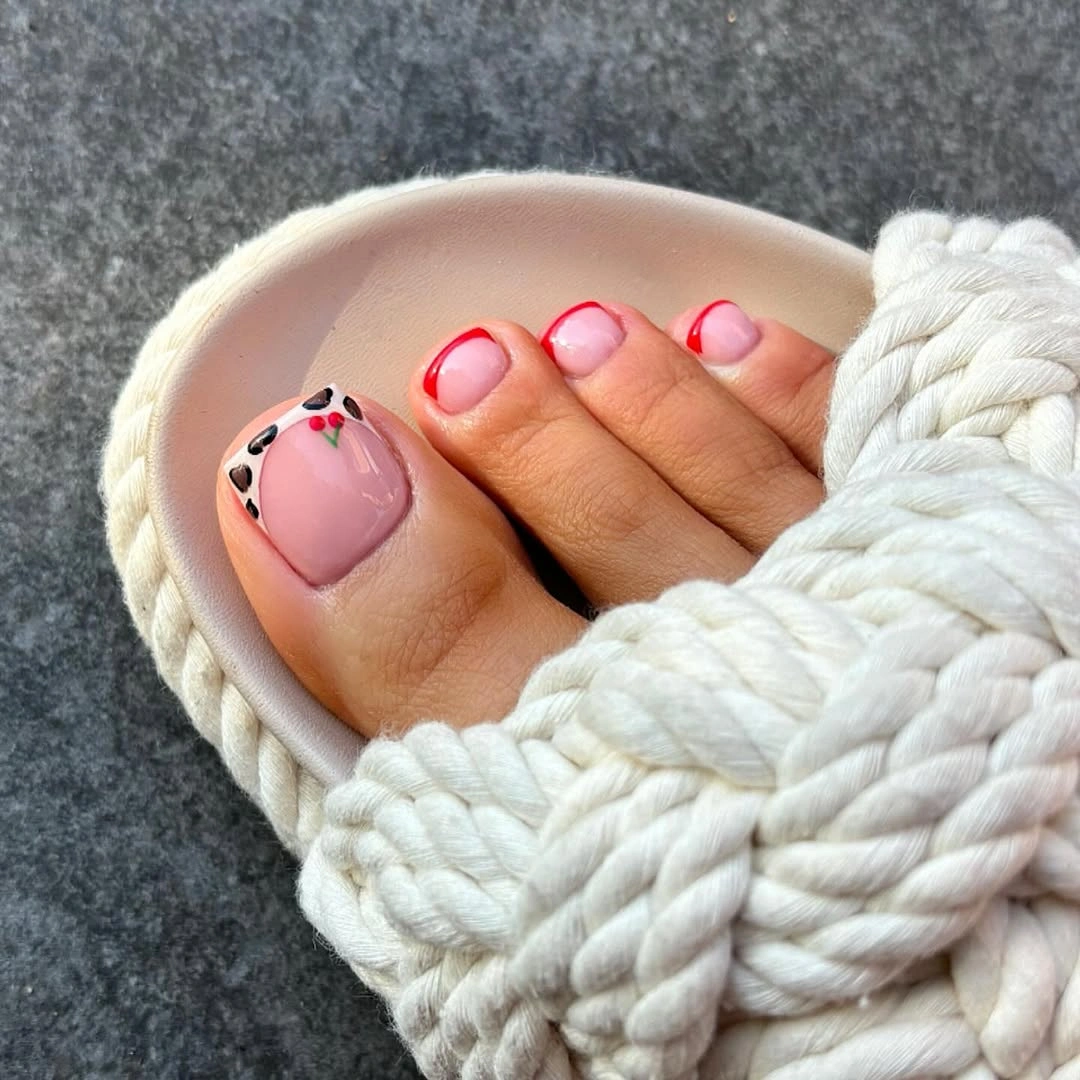 august toe nails 2026 Cherry French Tips with Playful Animal Details