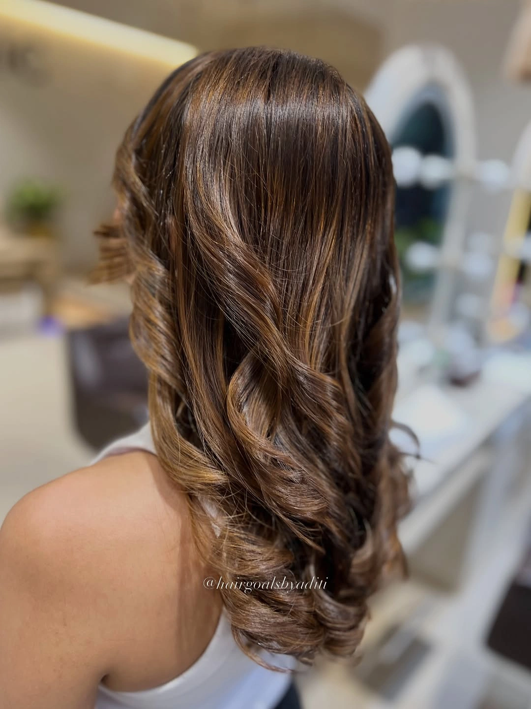 babylights hair ideas Warm Mocha Babylights with Glossy Hollywood Waves
