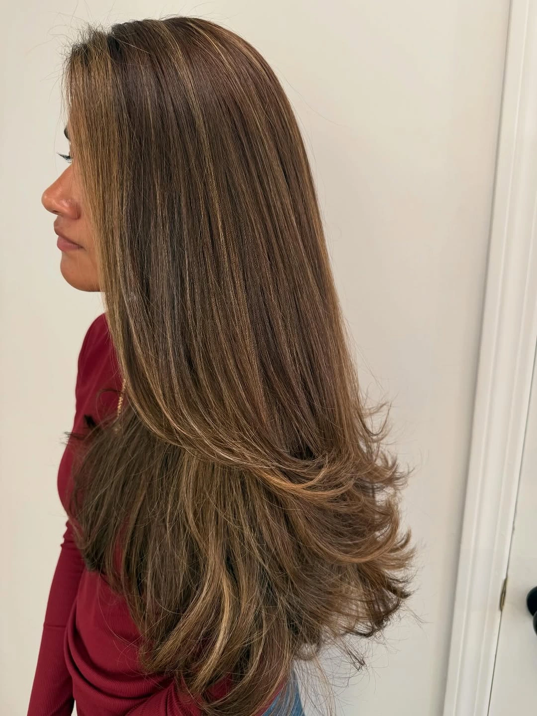 babylights hair ideas Soft Caramel Babylights on Long Layered Brunette Hair