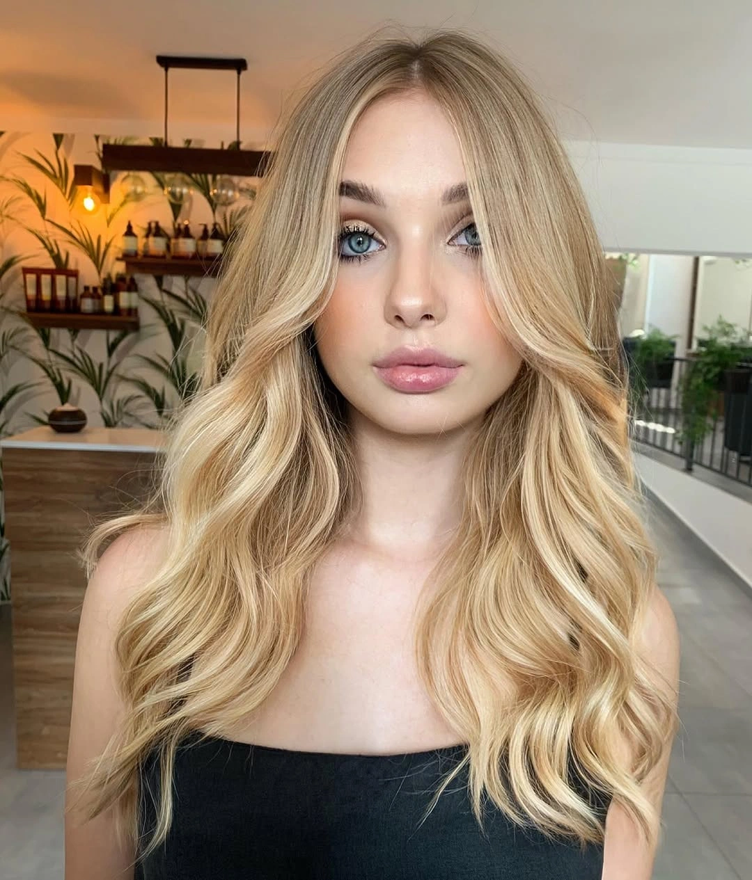 beige blond hair color Soft Curtain Layers with Golden Beige Dimension