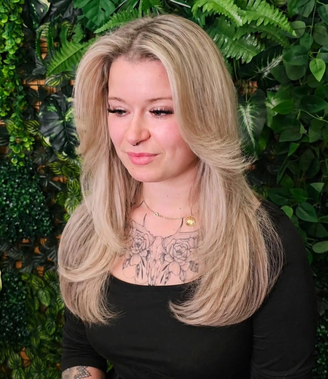 beige blond hair color Voluminous Beige Blonde Blowout with Soft Layers