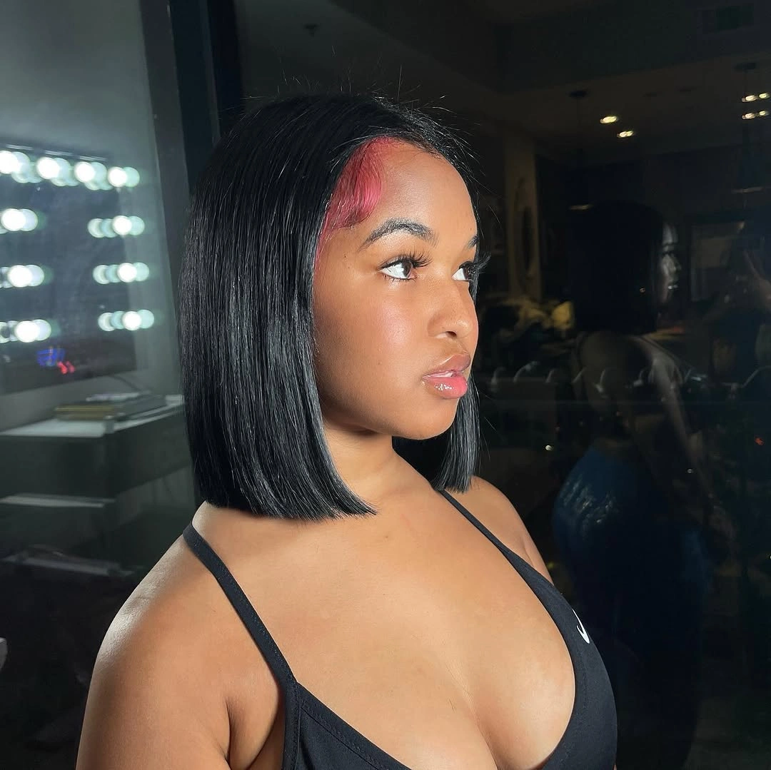 bob hairstyles for black women Black Blunt Bob With A Red Front Accent