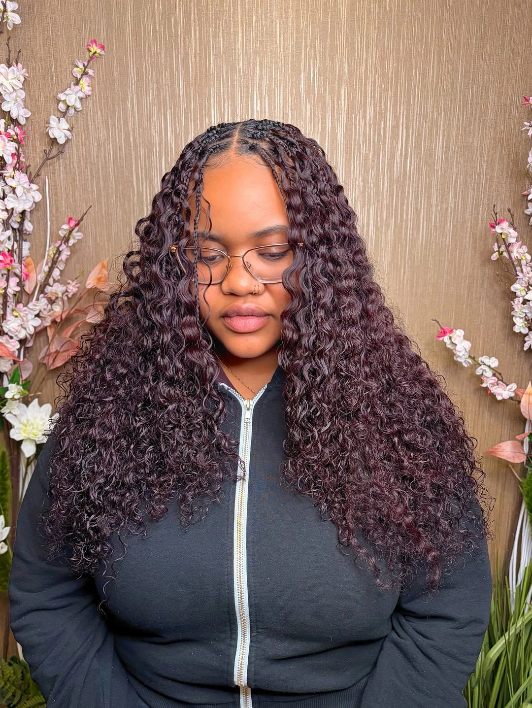 bora bora braids hairstyle Deep Burgundy Curls with Soft Romantic Finish