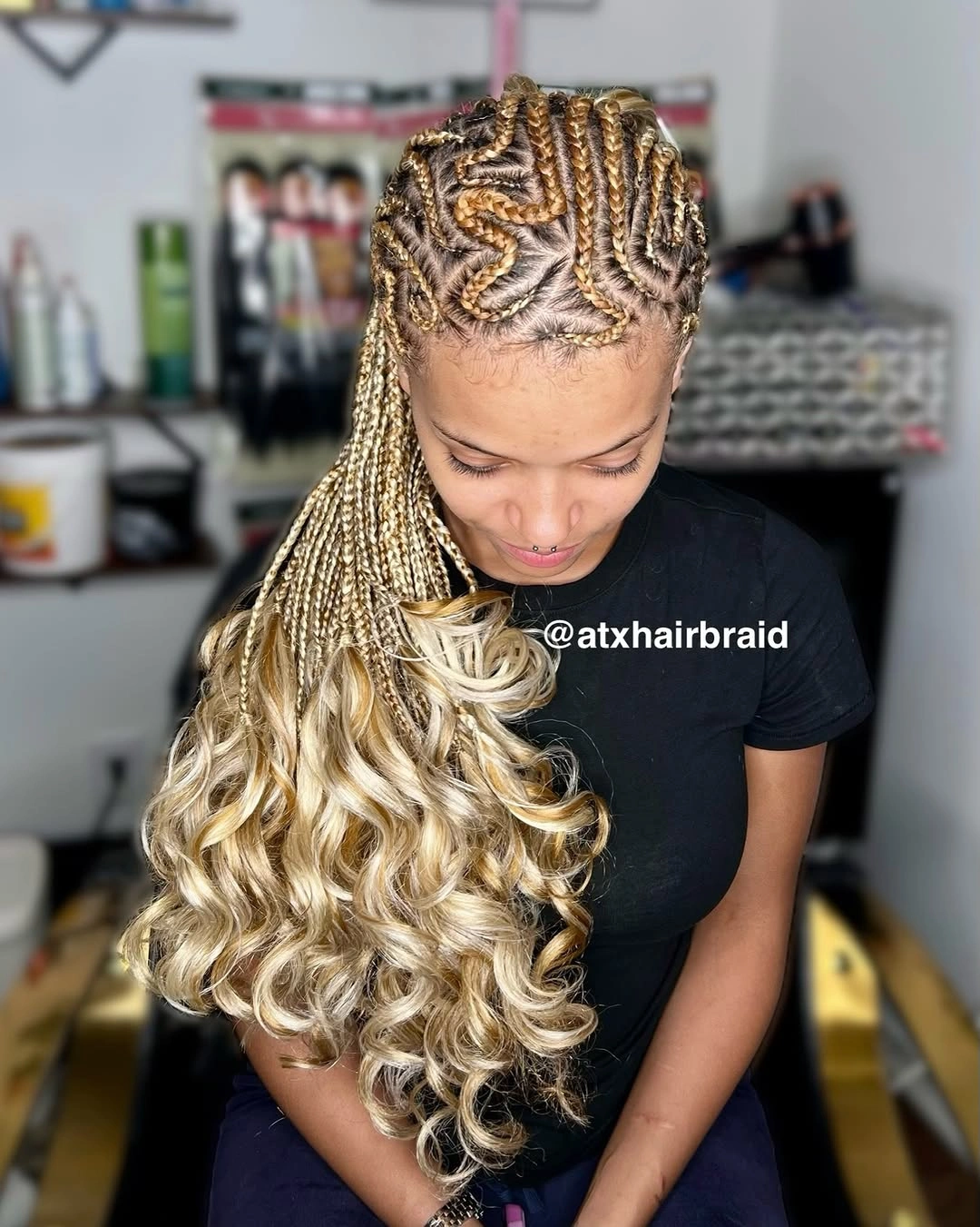 bora bora braids hairstyle Statement Braided Swirls with Bright Blonde Curls