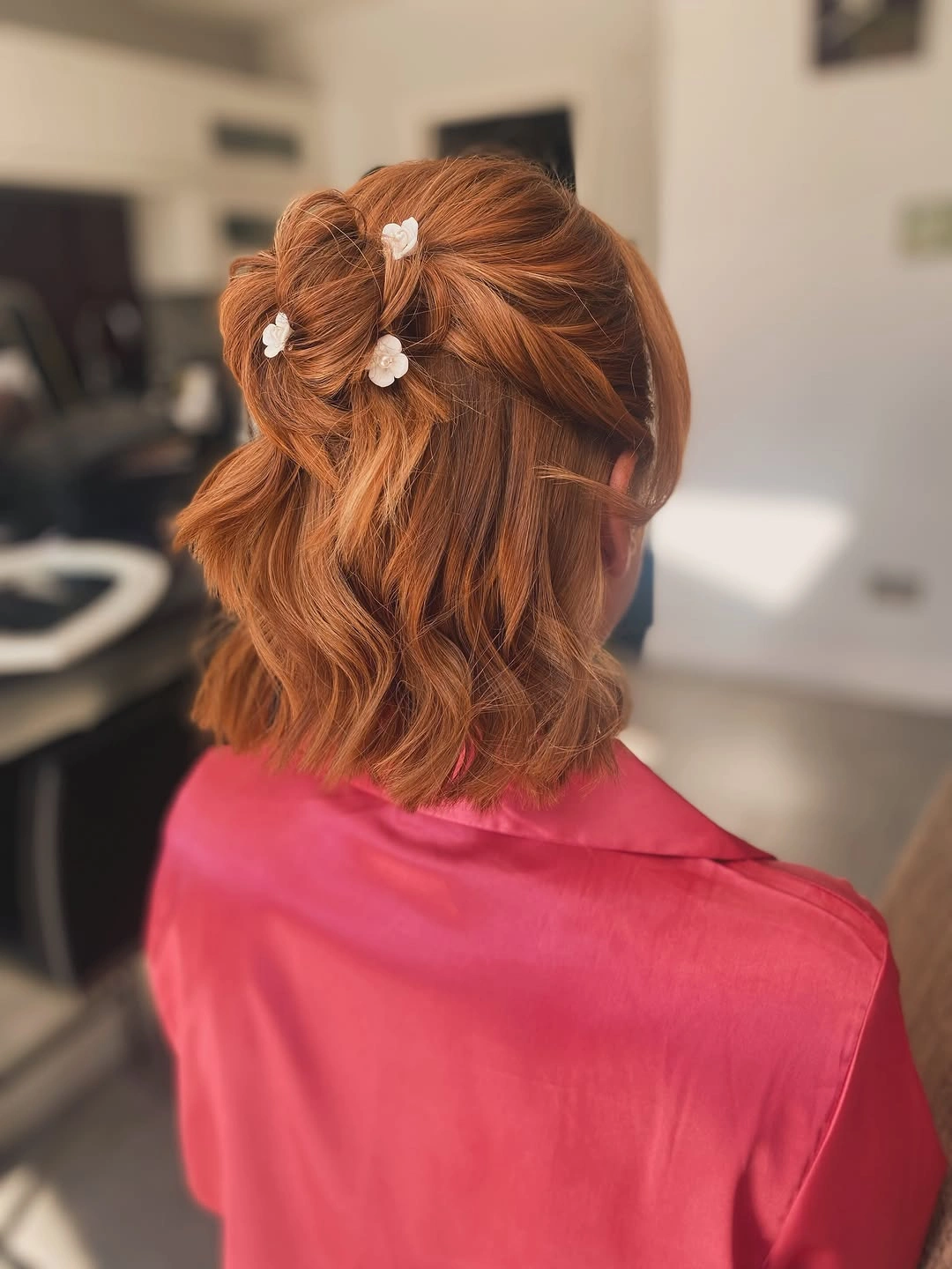 bridesmaid hairstyling Half-Up Styling That Makes a Bob Feel Surprisingly Romantic