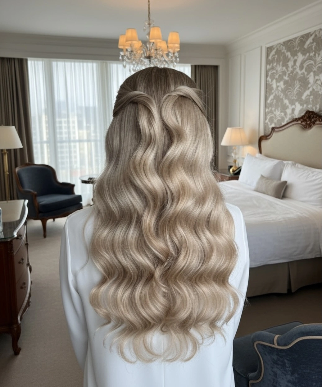bridesmaid hairstyling Hollywood Blonde Waves with an Elegant Half-Up Twist