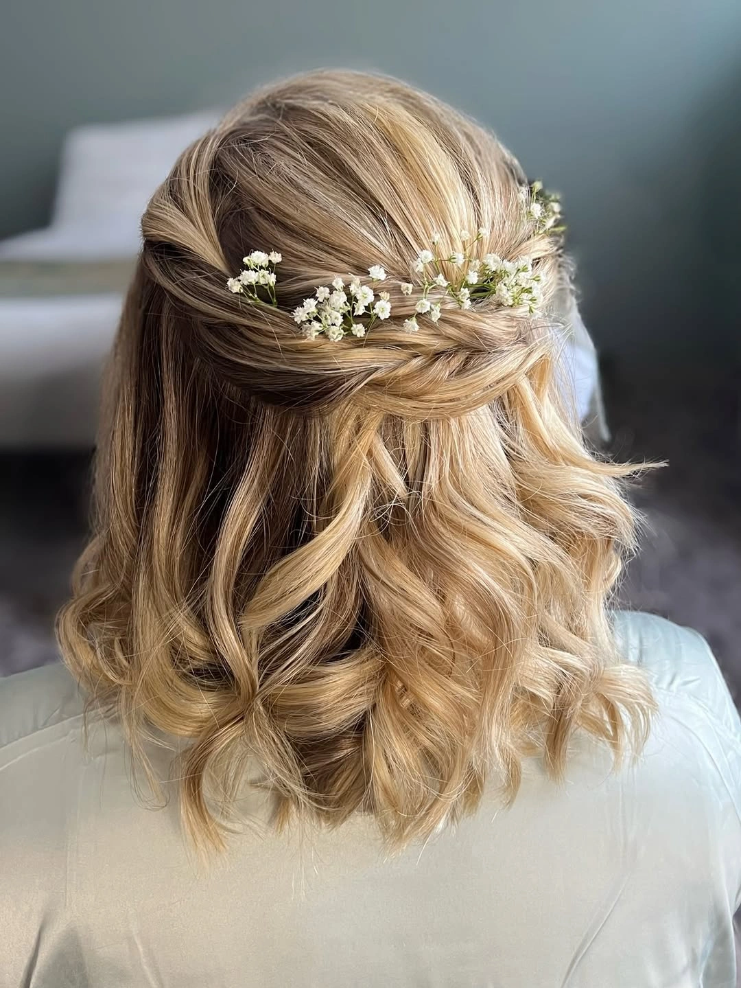 bridesmaid hairstyling Soft Blonde Half-Up Waves with Delicate Baby