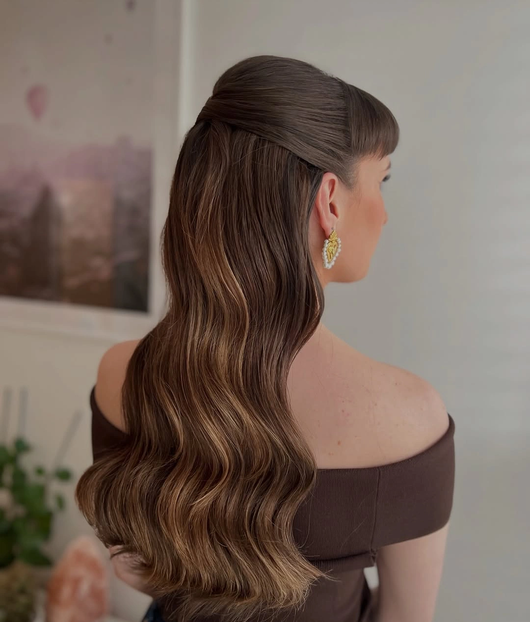 bridesmaid hairstyling Soft Vintage Waves with a Graceful Half-Up Finish