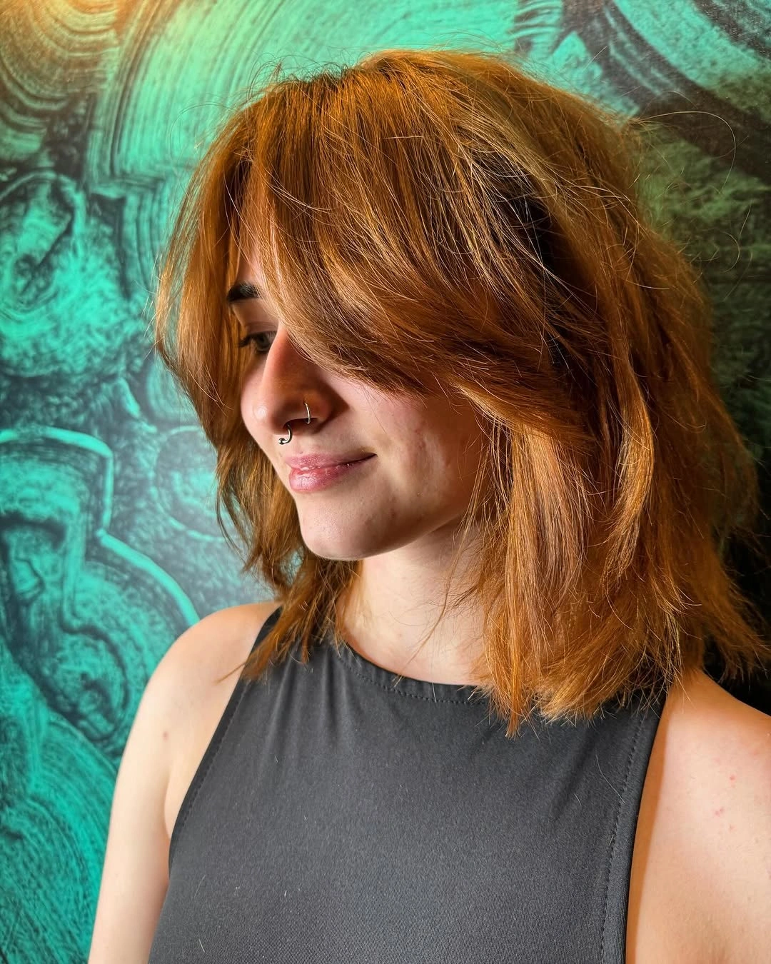 chestnut brown hair color Textured Copper Chestnut Lob With Side Fringe