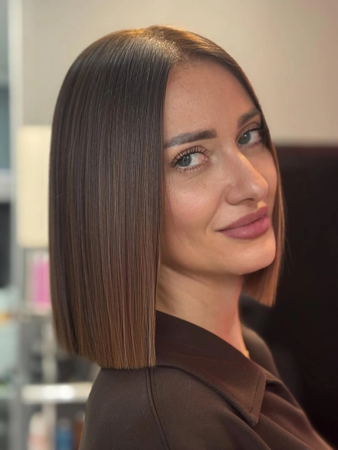 chestnut brown hair color Straight Chestnut Lob With A Blunt Line