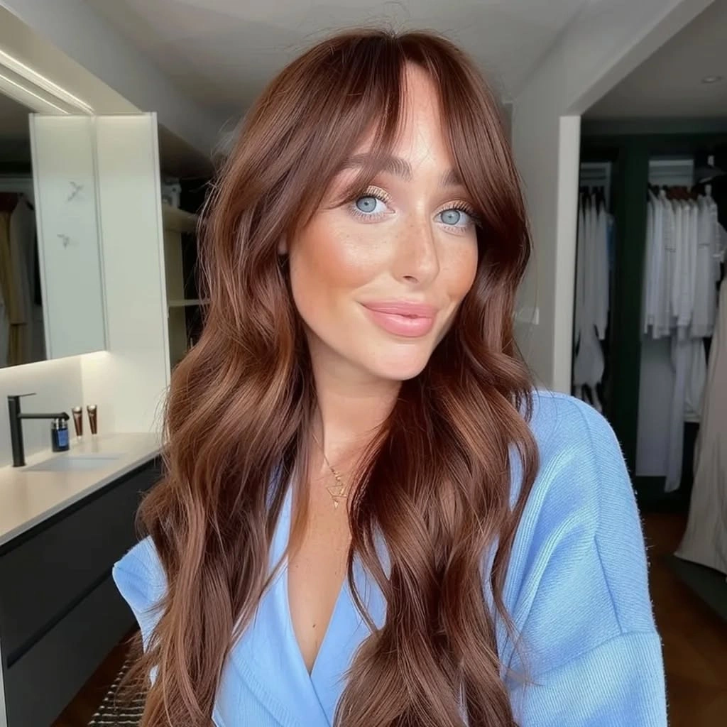 chestnut brown hair color Long Soft Chestnut Waves With Center Part