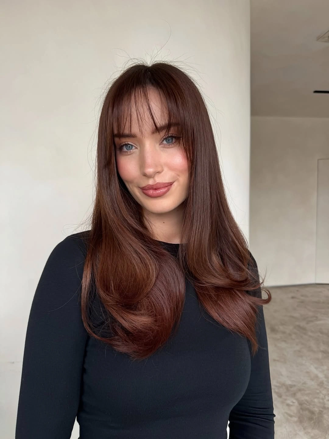 chestnut brown hair color Long Auburn Chestnut Layers With Soft Bangs
