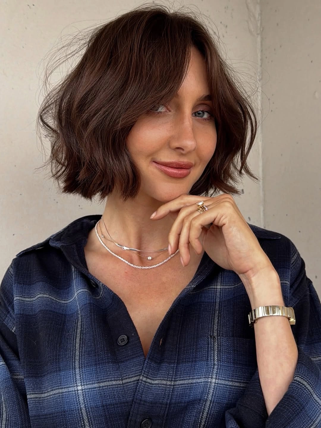 chestnut brown hair color Short Wavy Chestnut Bob With Long Bangs