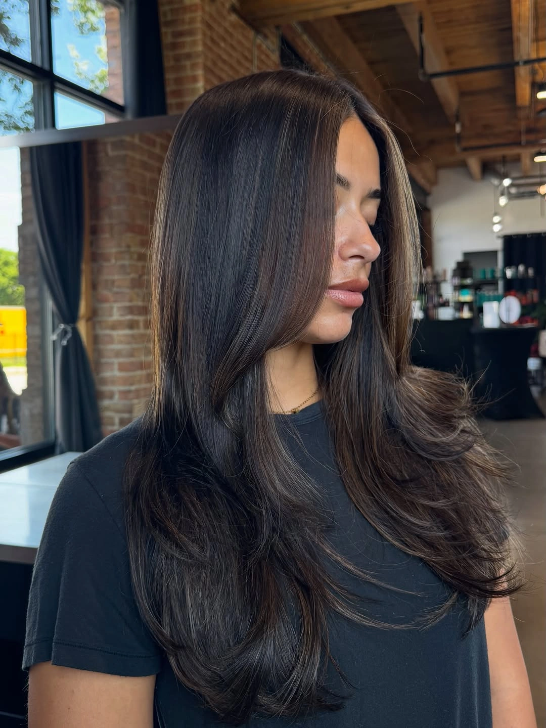 dimensional brunette hair color Side View Brunette Layers With Curved Ends
