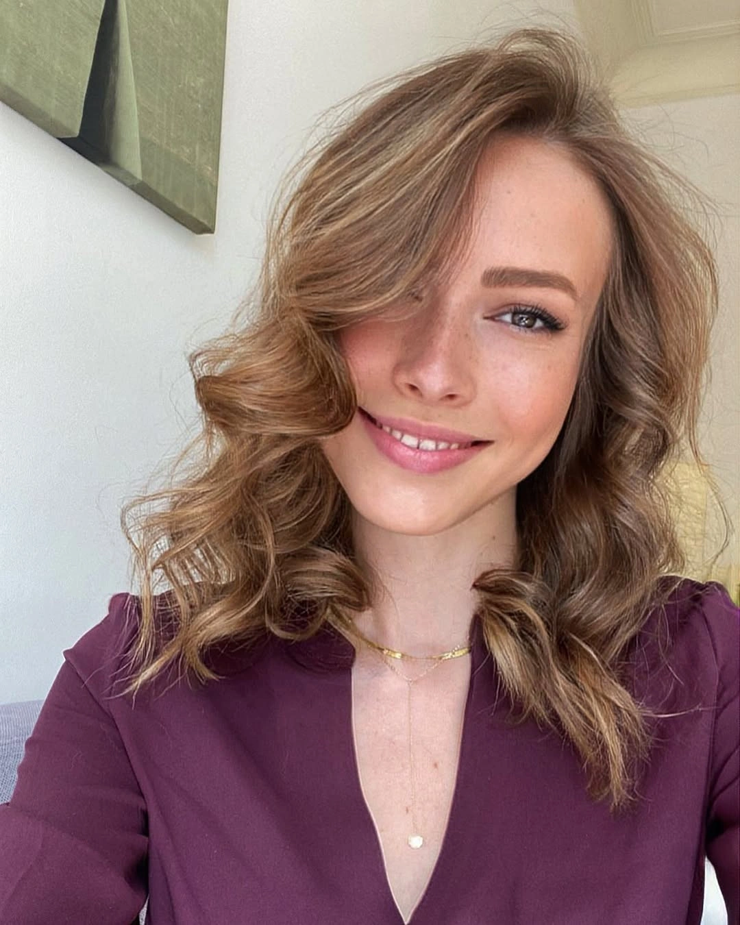dimensional brunette hair color Medium Caramel Brunette Waves With Side Sweep