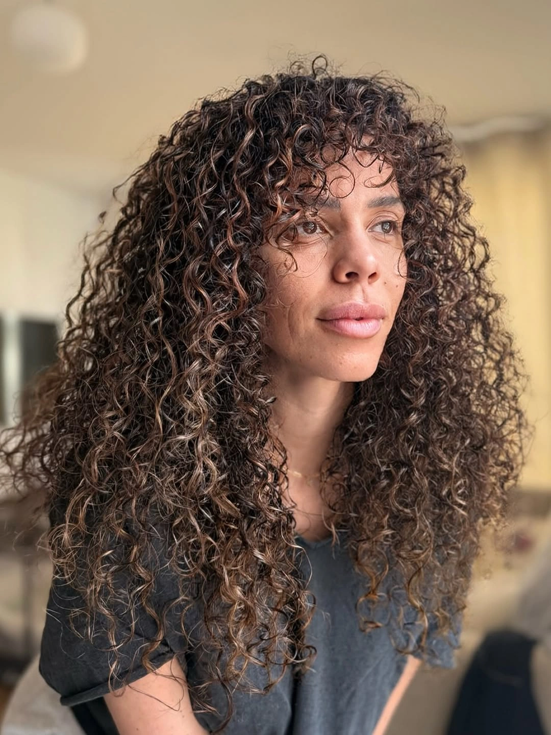 dimensional brunette hair color Curly Brunette Hair With Warm Highlight Pieces