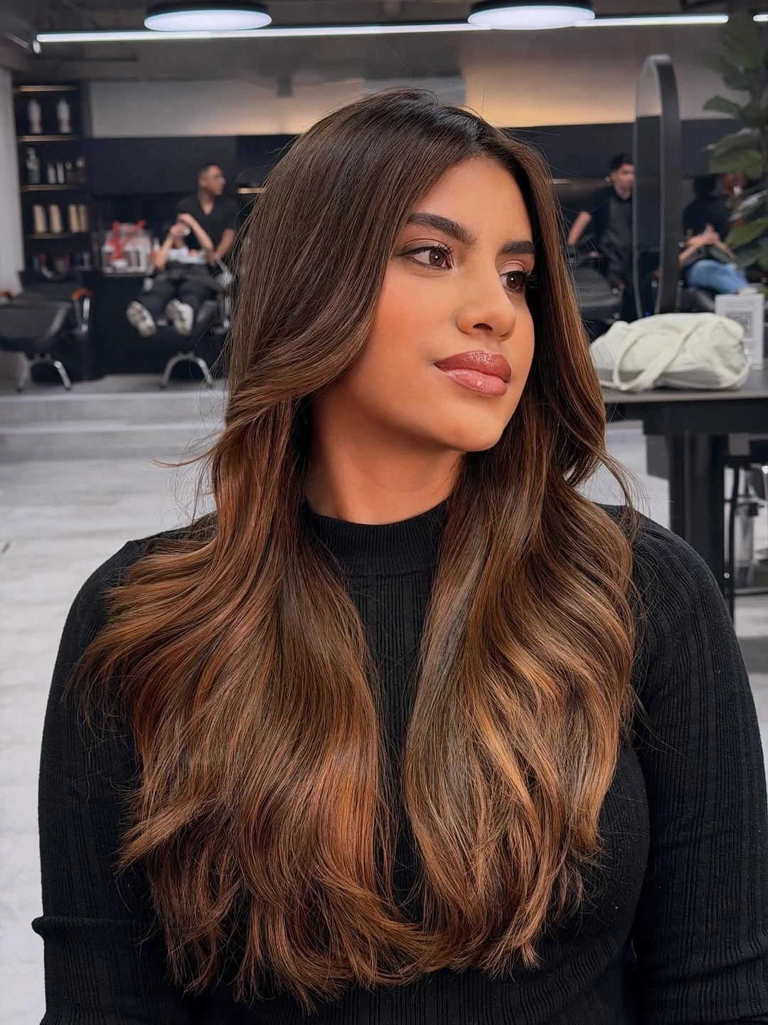 dimensional brunette hair color Caramel Ends on Long Brunette Layers