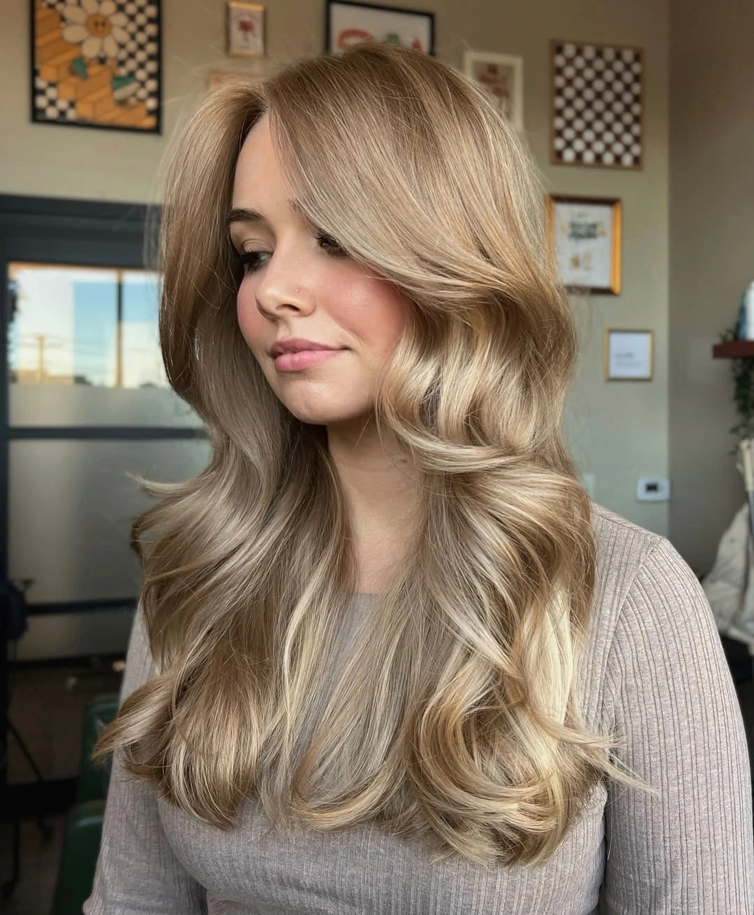 dirty blonde hair color Champagne Dirty Blonde with Voluminous Hollywood Waves