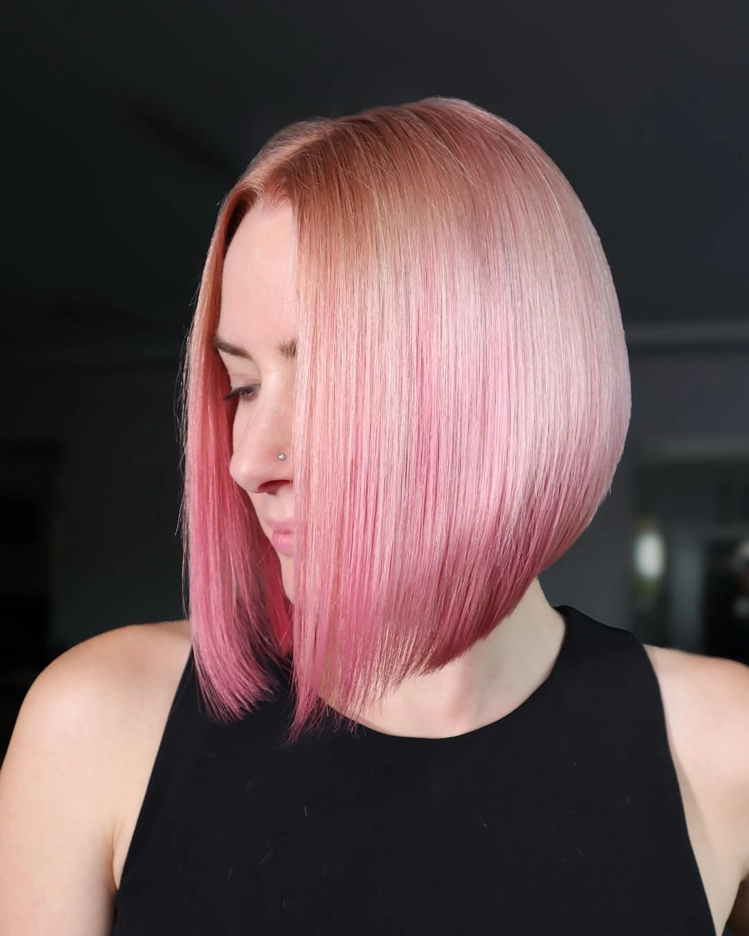 fall bob haircut ideas 2026 Blush Pink Angled Bob With Silky Finish