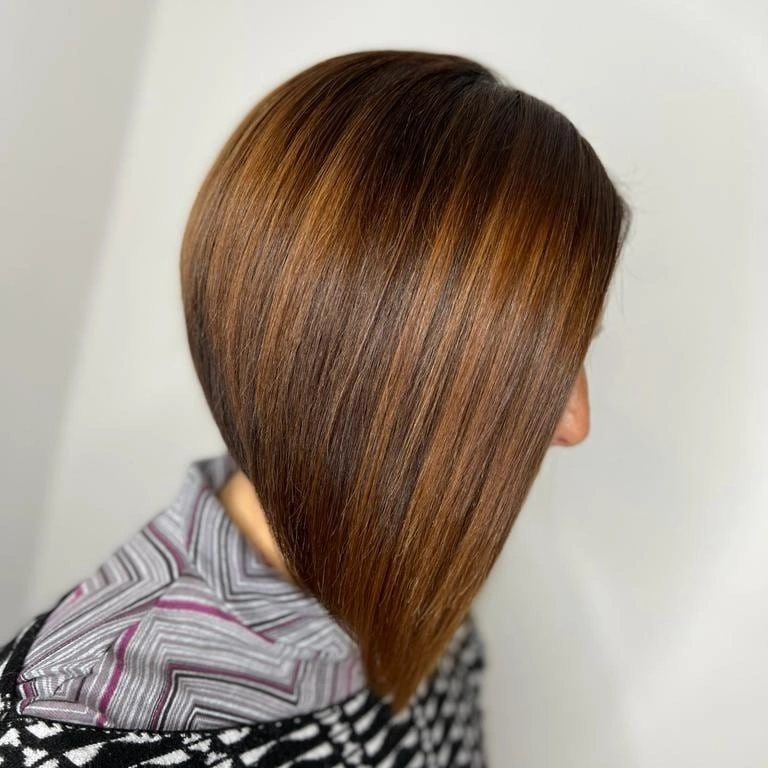 fall brunette hair colour 2026 Sleek Cinnamon Angled Bob