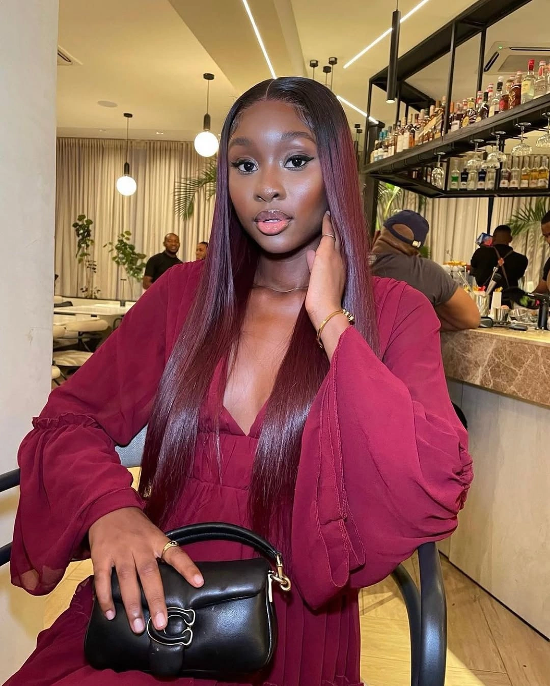 fall hair colors for black women 2026 Glossy Merlot Straight Hair with Luxe Dimension