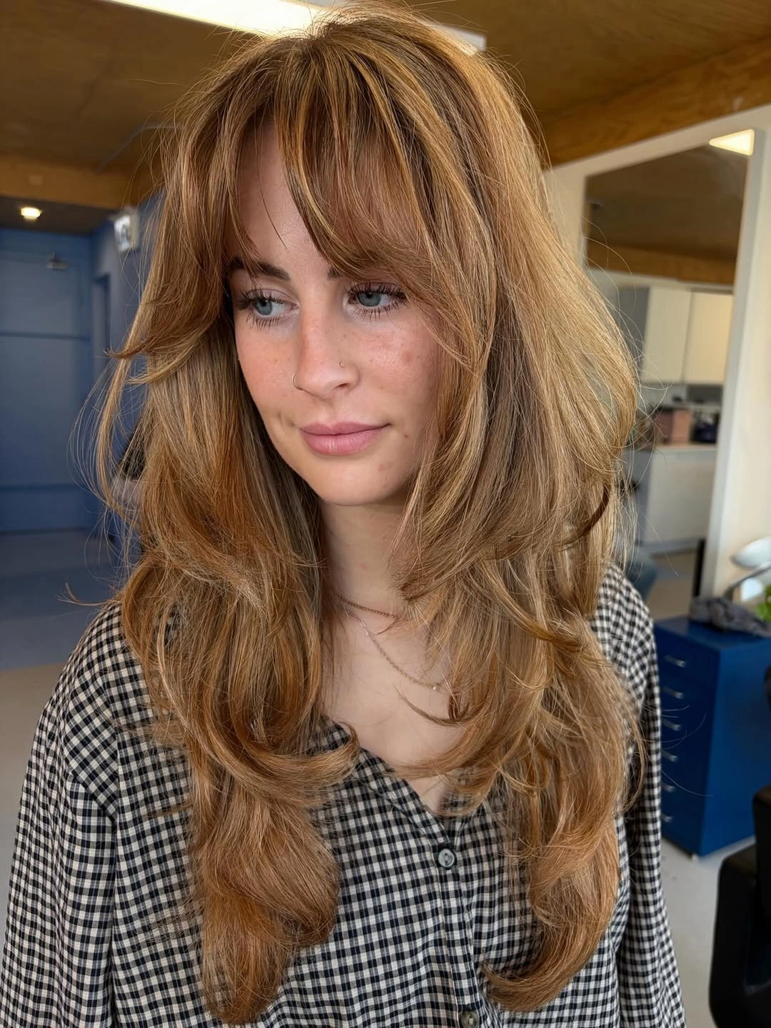 fall hairstyles for long hair 2026 Feathered Curtain Layers with Soft Caramel Dimension