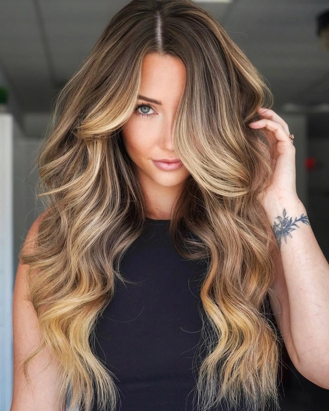 fall hairstyles for long hair 2026 Luxury Beige Balayage with Hollywood Waves