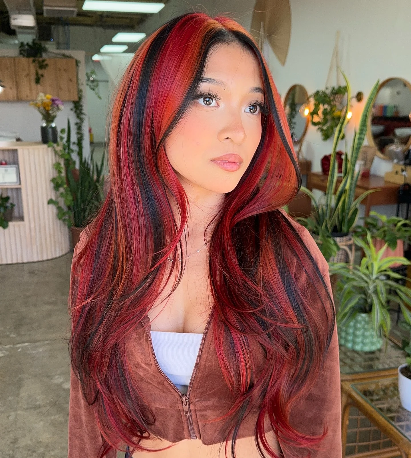 fall hairstyles for long hair 2026 Bold Crimson Money Pieces with Long Layered Waves