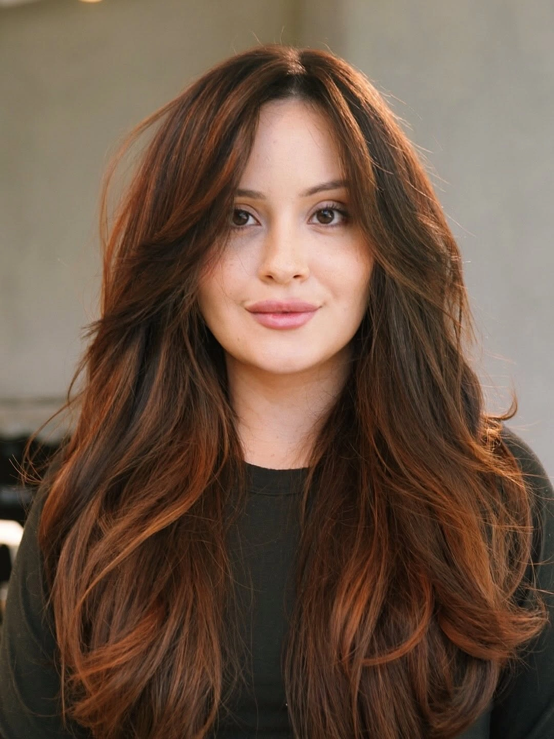 fall hairstyles for long hair 2026 Glossy Chestnut Layers with Classic Curtain Movement