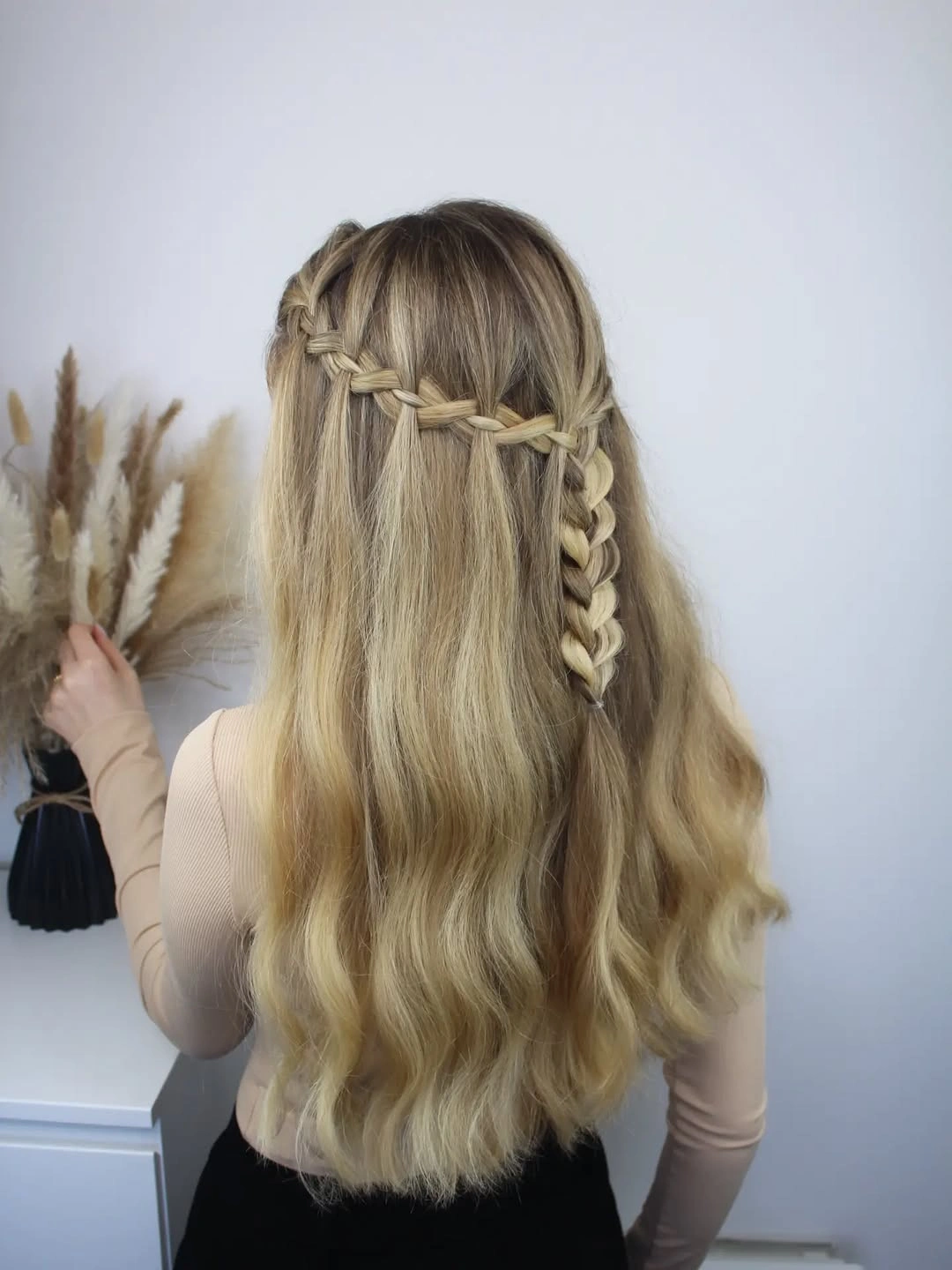 Fall hairstyles for office 2026 Half-Up Waterfall Braid for Creative Office Days