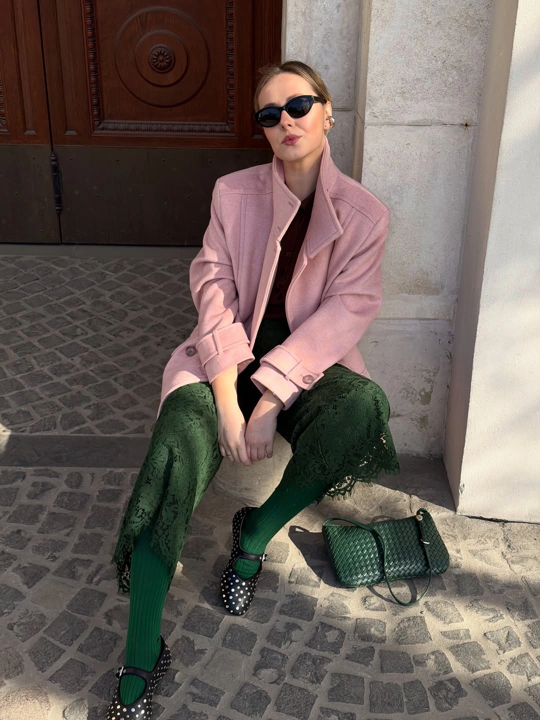 fall outfits with peacoat 2026 Soft Pink Peacoat with Unexpected Emerald Accents