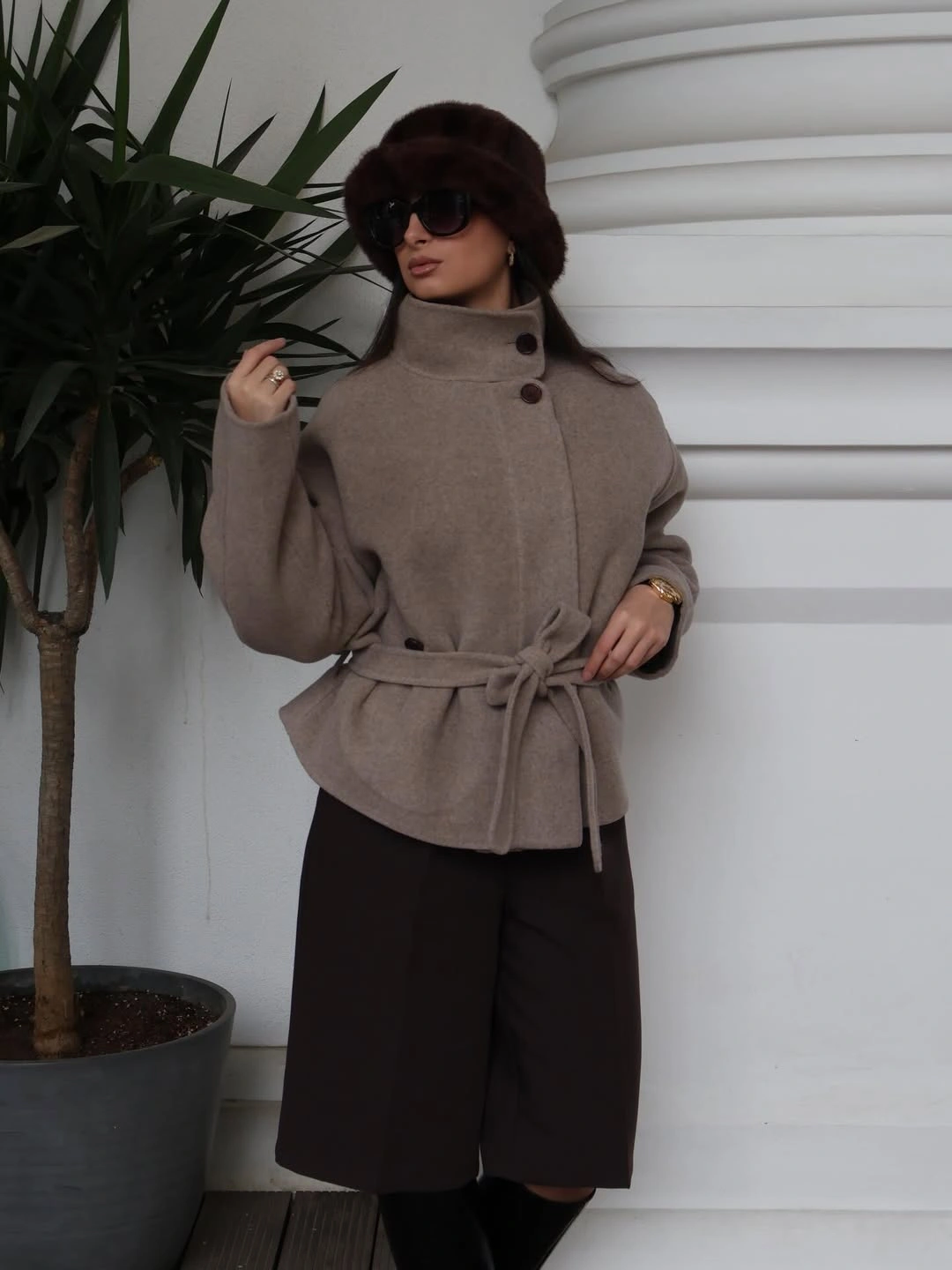 fall outfits with peacoat 2026 Belted Taupe Peacoat Styled with Rich Chocolate Tones