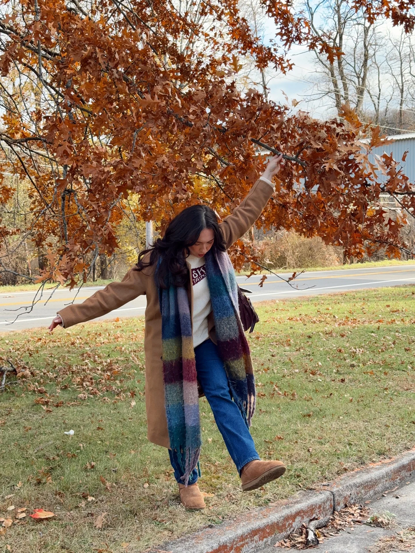fall outfits with peacoat 2026 Long Camel Outerwear with a Cozy Colorful Scarf