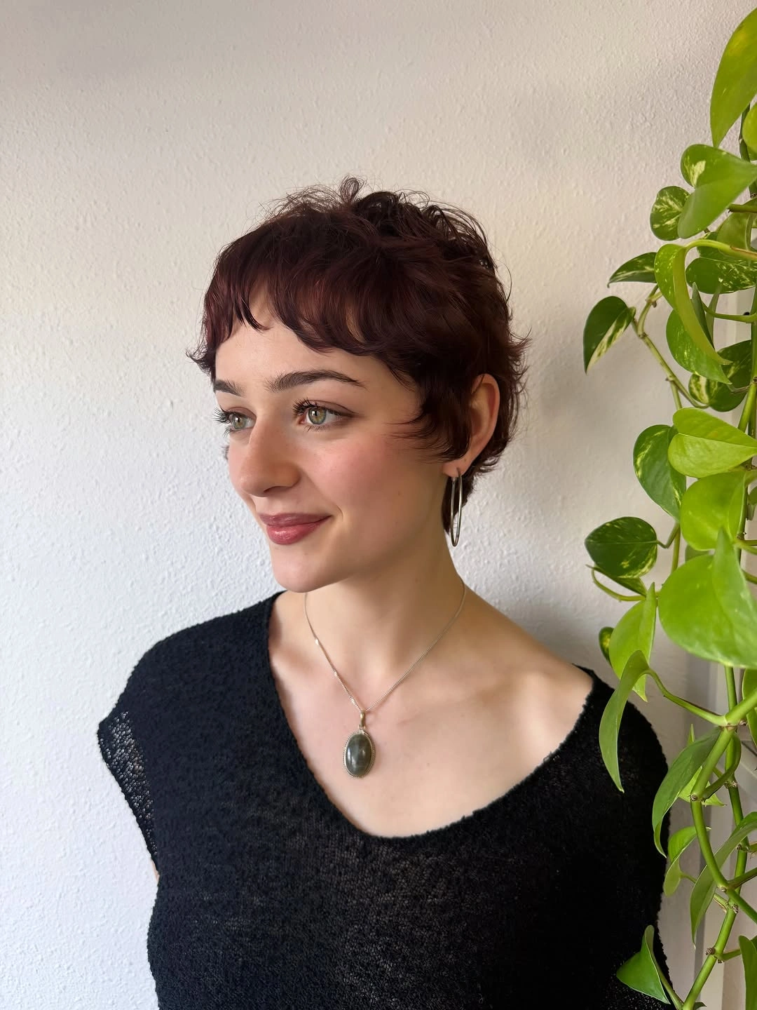 fall pixie haircut ideas 2026 Soft Burgundy Pixie With Wispy Autumn Layers