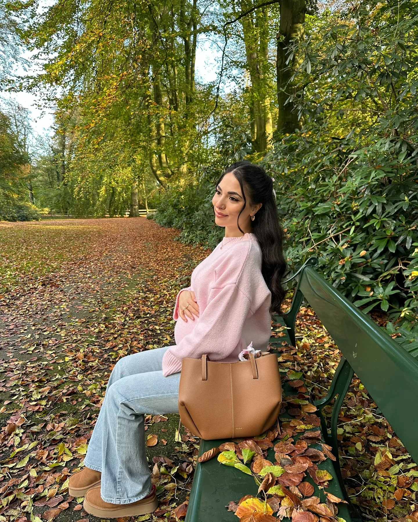 fall pregnancy outfits 2026 Blush Knitwear and Light Denim for Relaxed Park Days