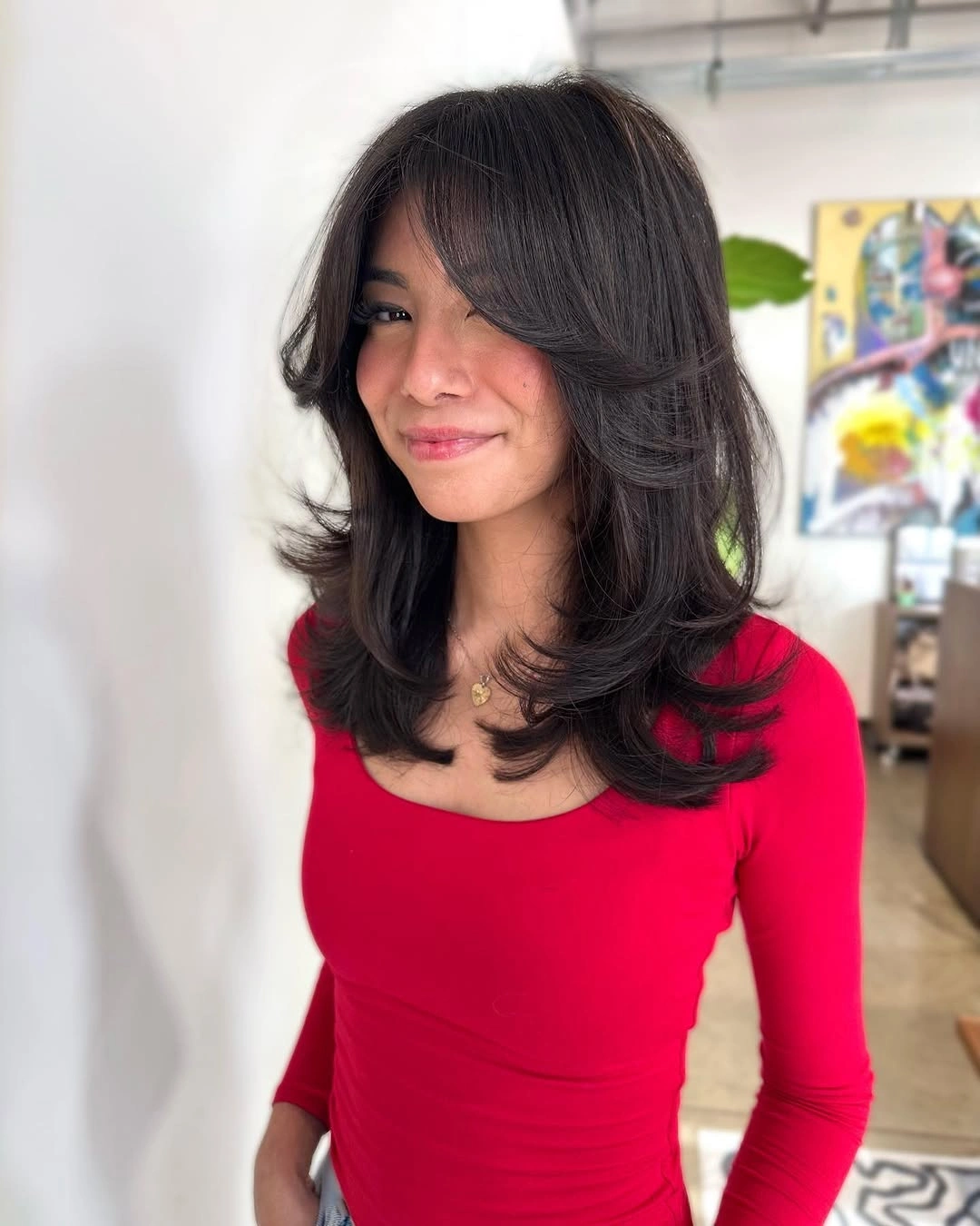 fall medium haircuts 2026 Soft Butterfly Layers With Curtain Bangs