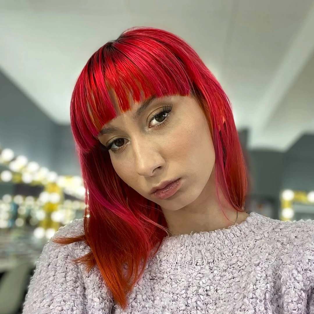 fall medium haircuts 2026 Bold Cherry Red With Graphic Micro Bangs