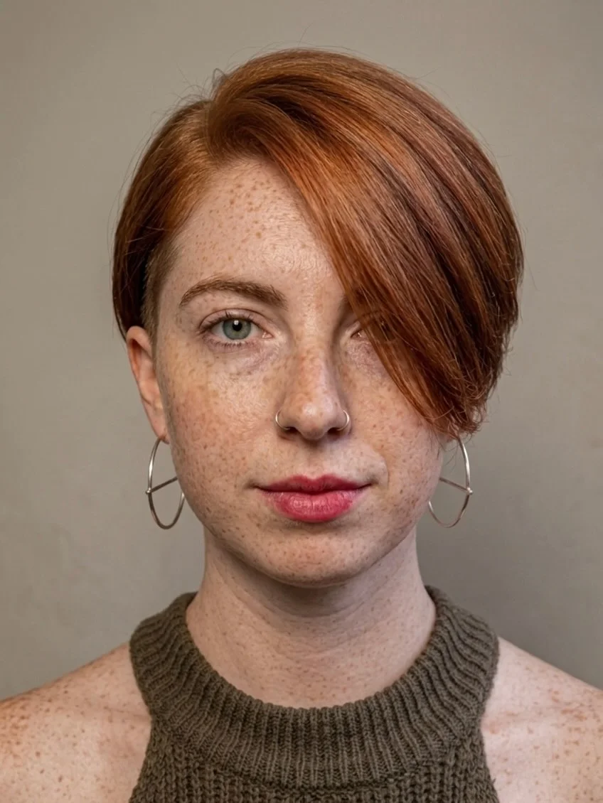fall short haircuts 2026 Elegant Copper Side-Swept Crop With Soft Sophistication
