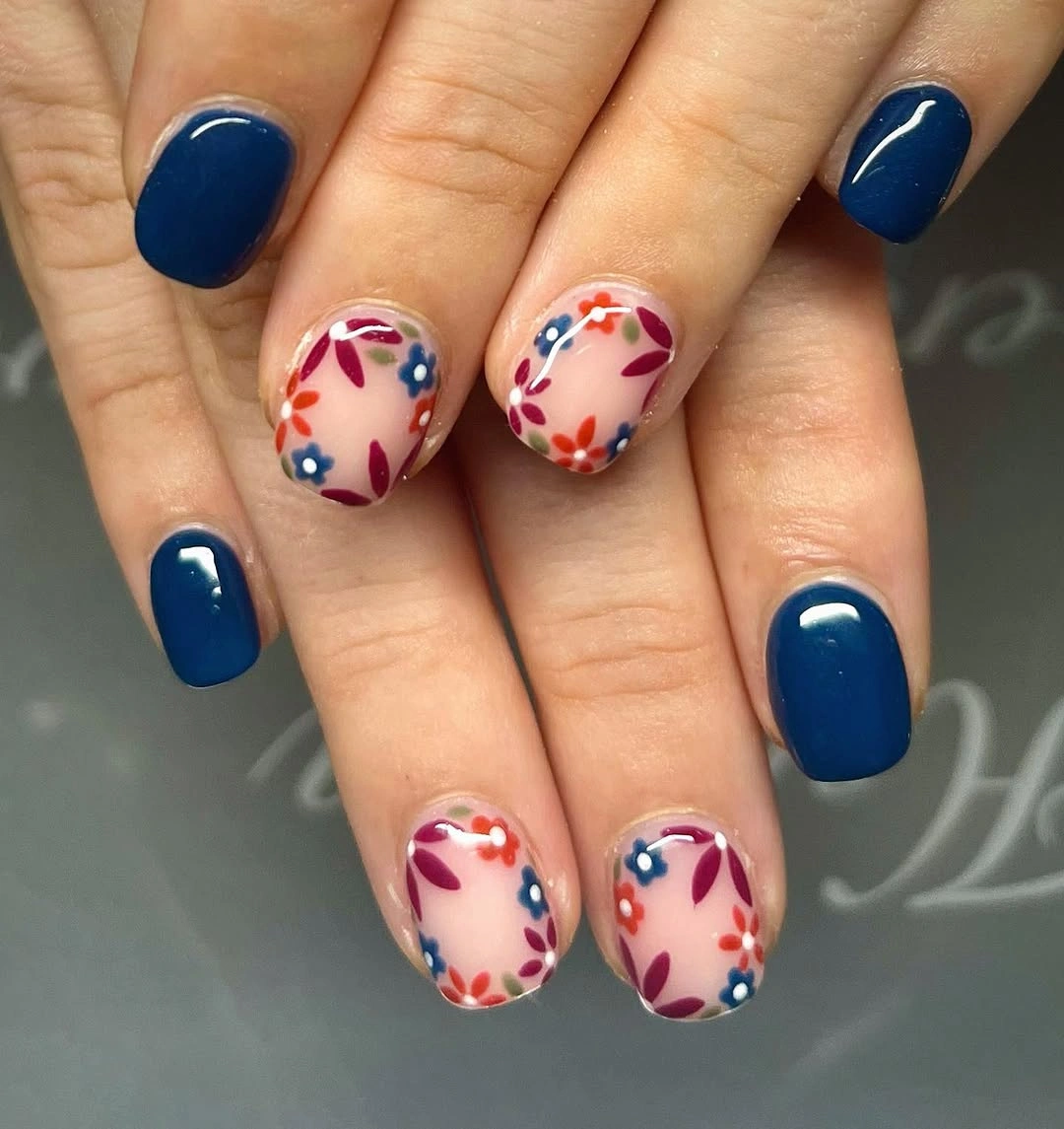 Fall short nails 2026 Navy Nails With Cream Floral Accents