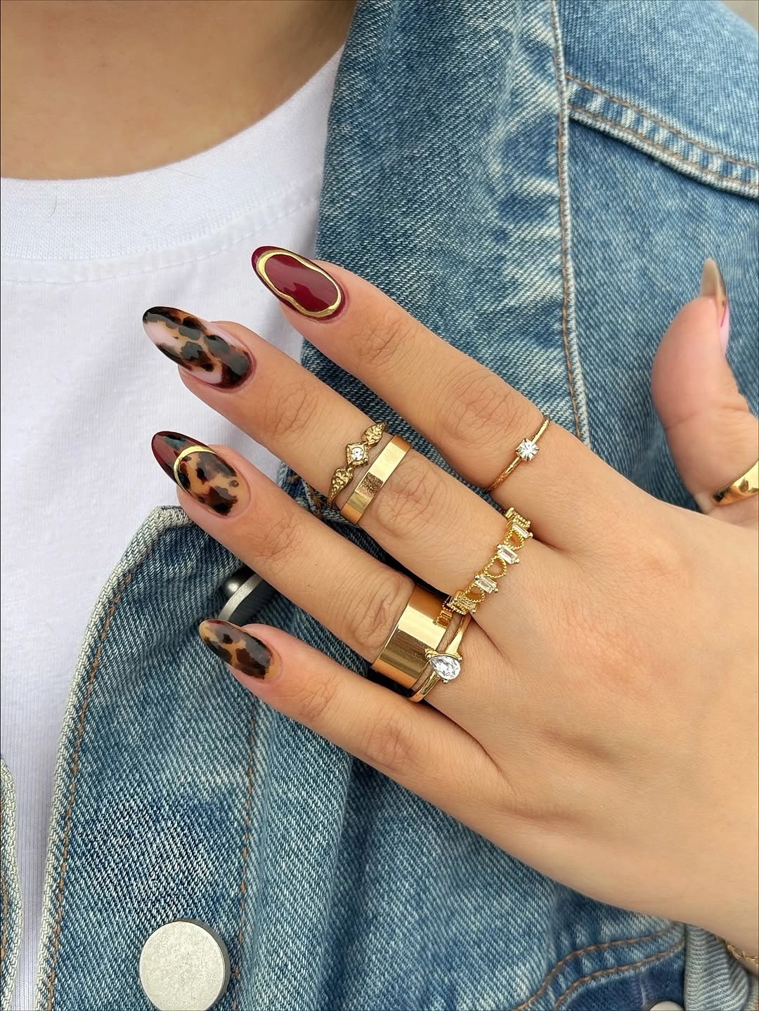 Fall short nails 2026 Tortoise Tips With Gold Rings And Denim
