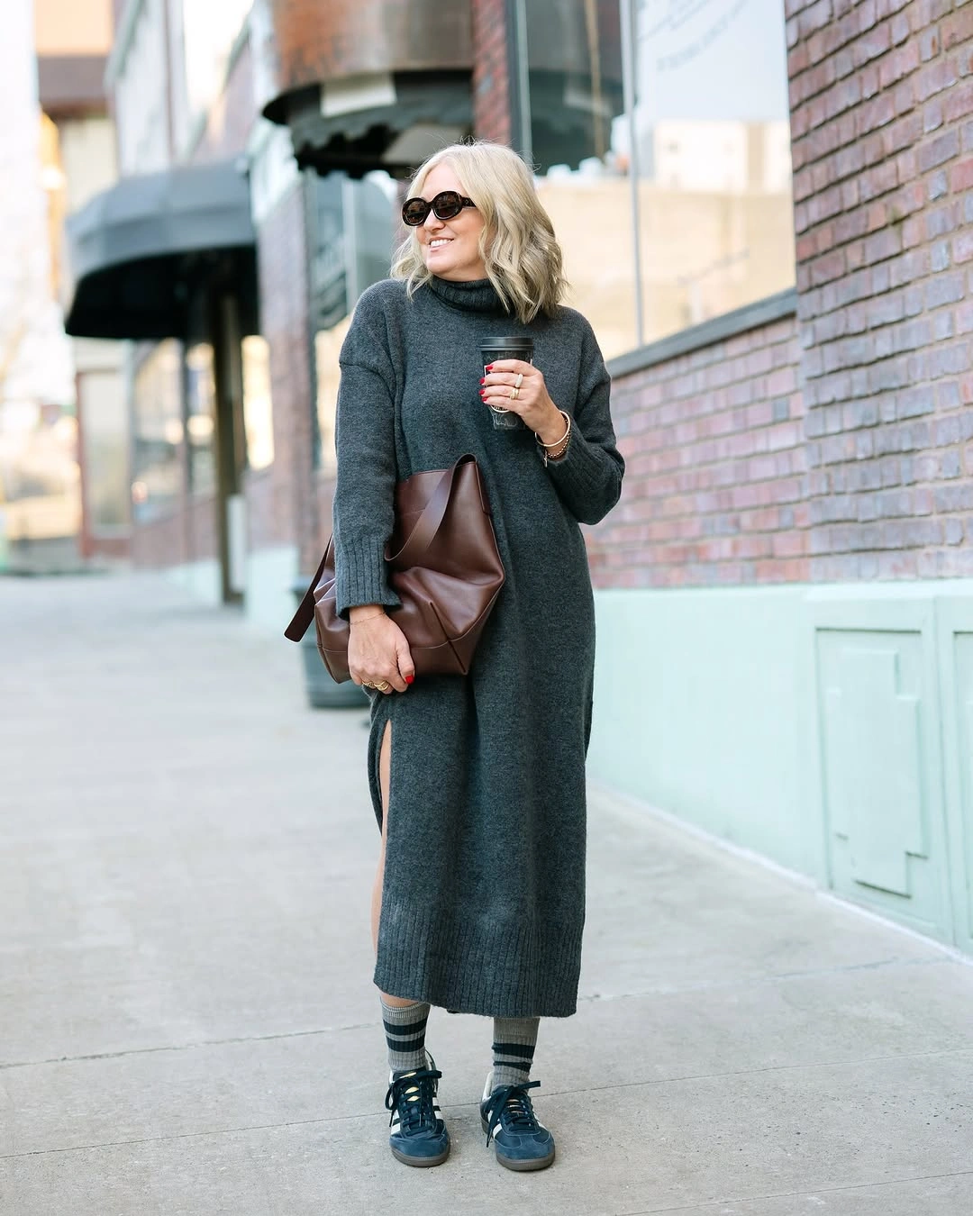 fall sweater dress outfits 2026 Long Charcoal Sweater Dress Styled With Casual Sneakers