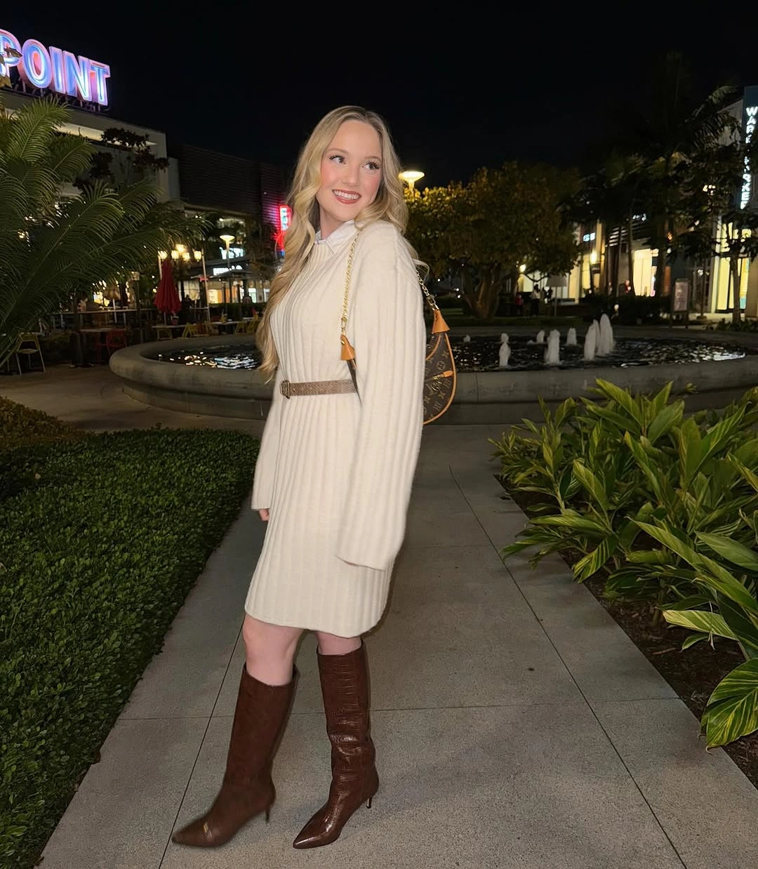 fall sweater dress outfits 2026 Elegant Monochrome Knit With Rich Brown Boots