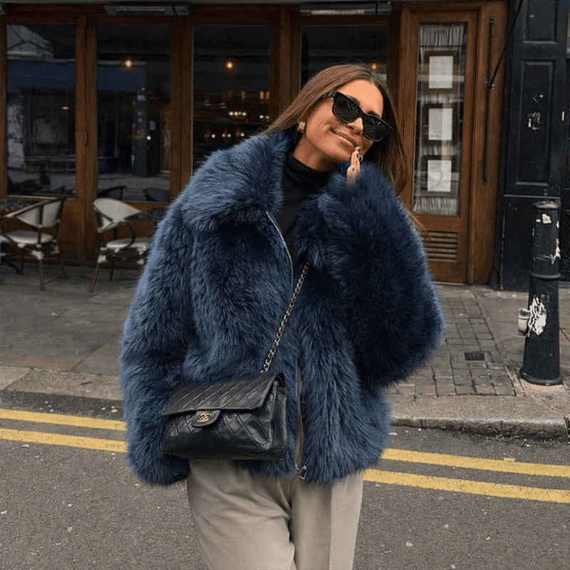 faux fur jacket Deep Navy Texture With Effortless City Style