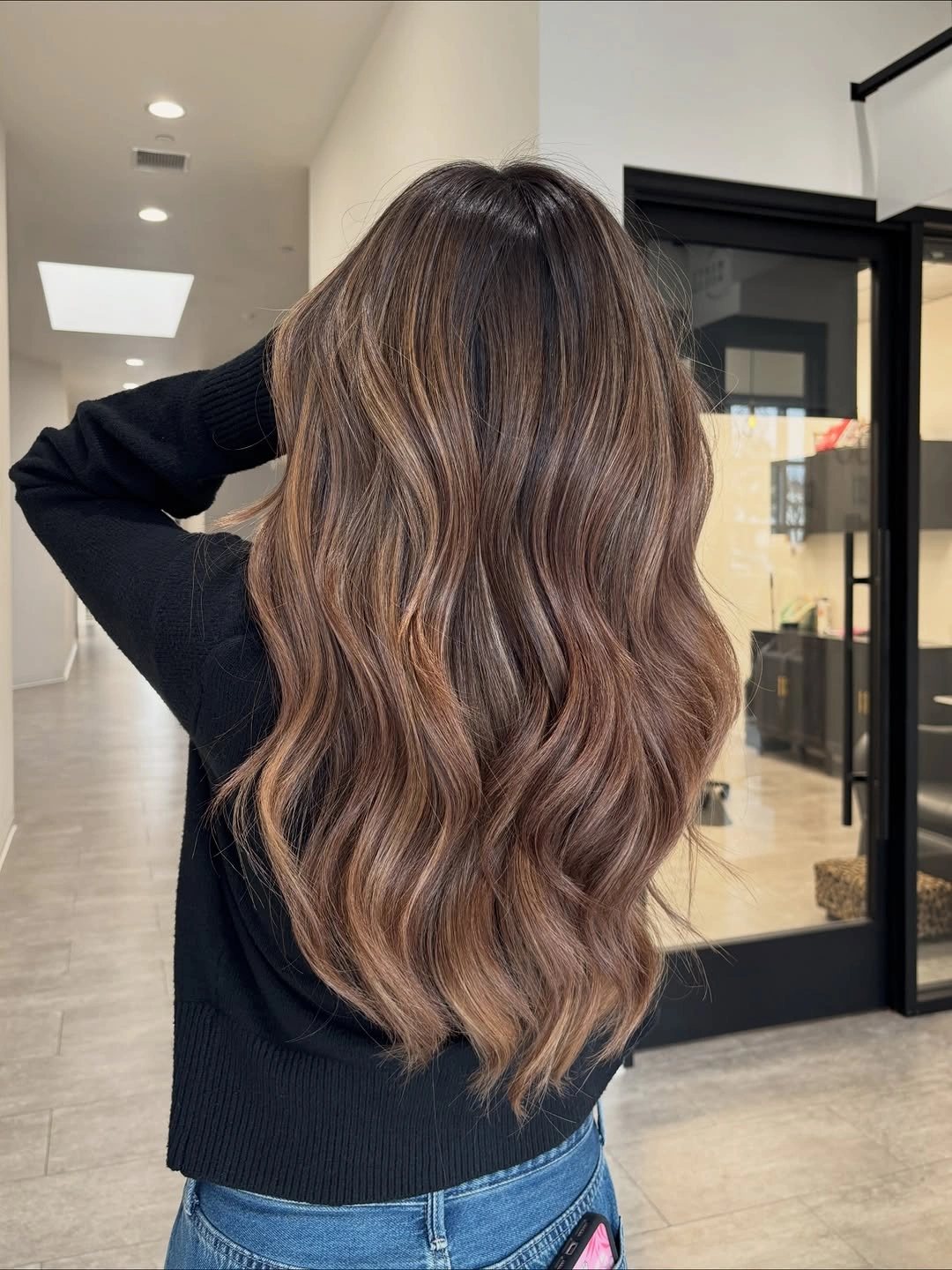 full head babylights blonde on brown hair Soft Mocha Waves with Seamless Blonde Dimension