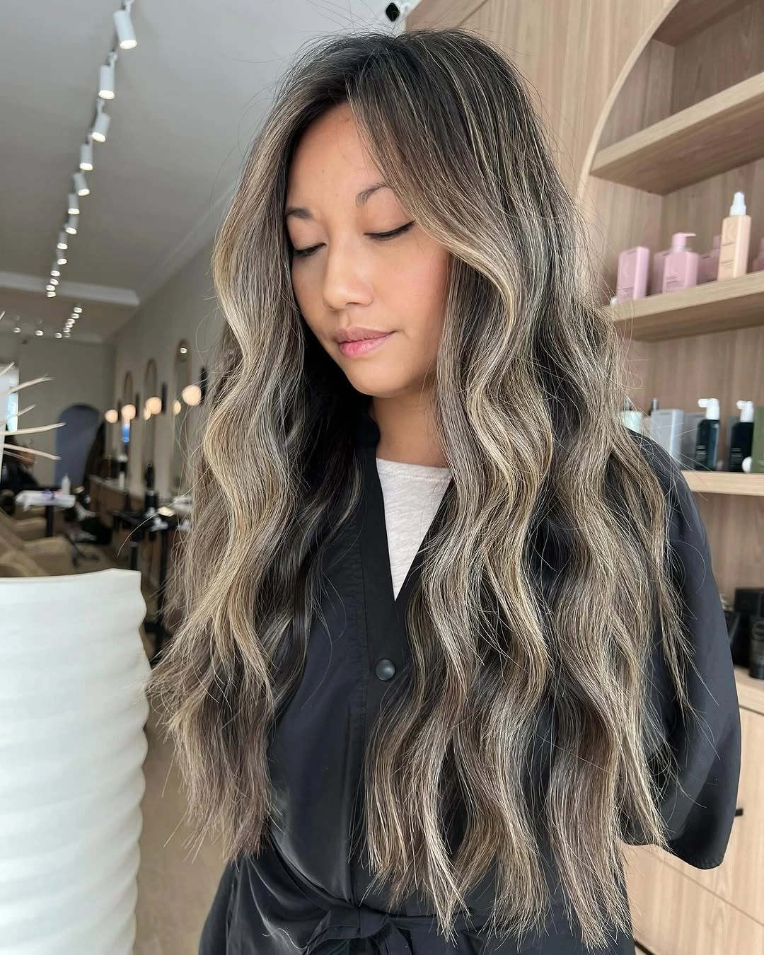 full head babylights blonde on brown hair Long Beach Waves with Smoky Blonde Dimension