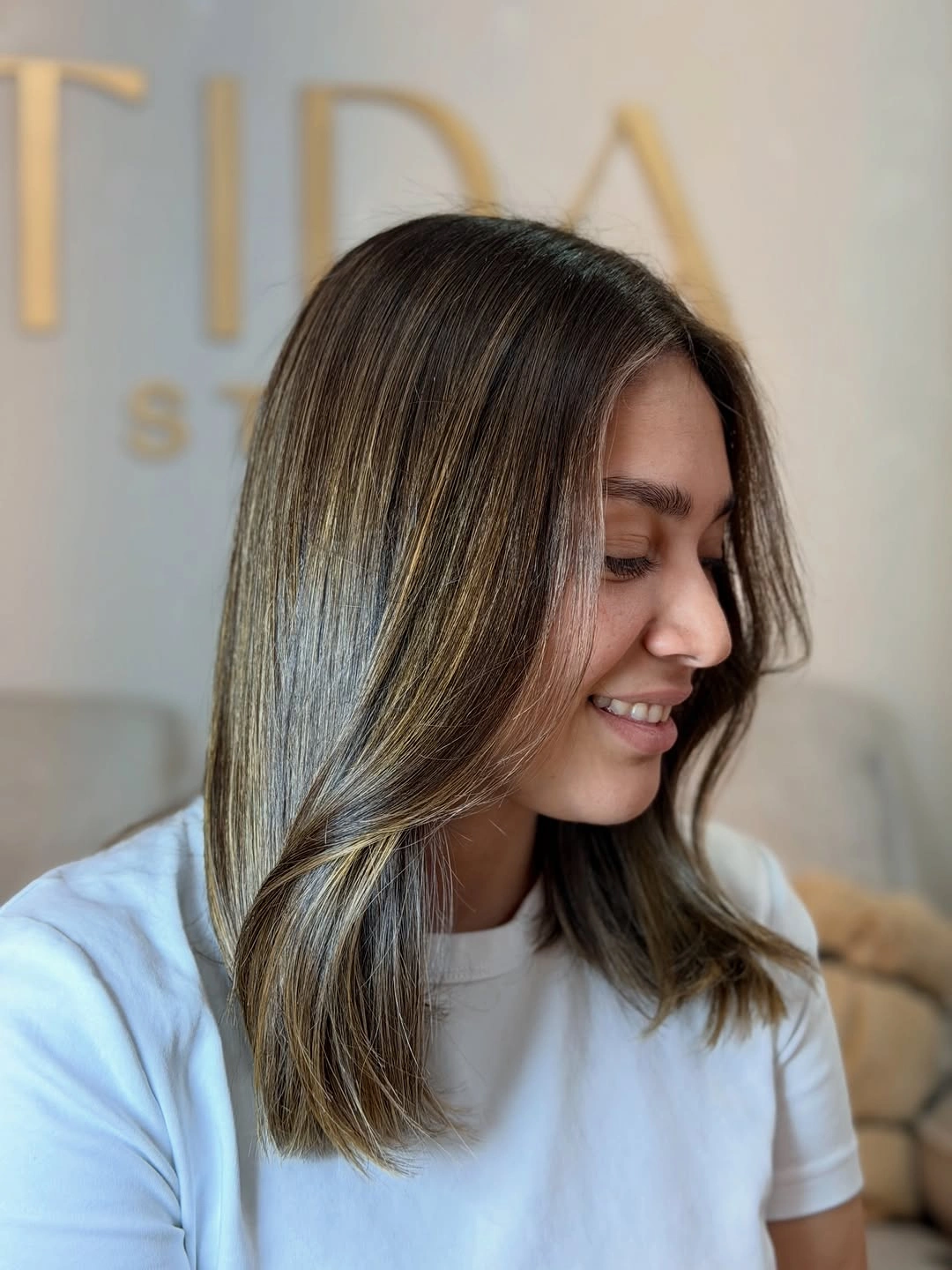 full head babylights blonde on brown hair Modern Blunt Lob with Barely-There Babylights