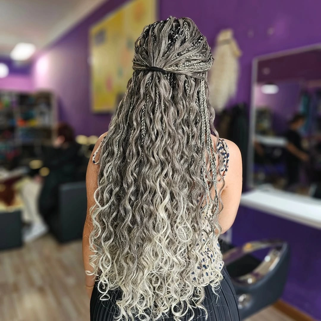 goddess braid Silver Goddess Braids Styled Into A Romantic Half-Up Look
