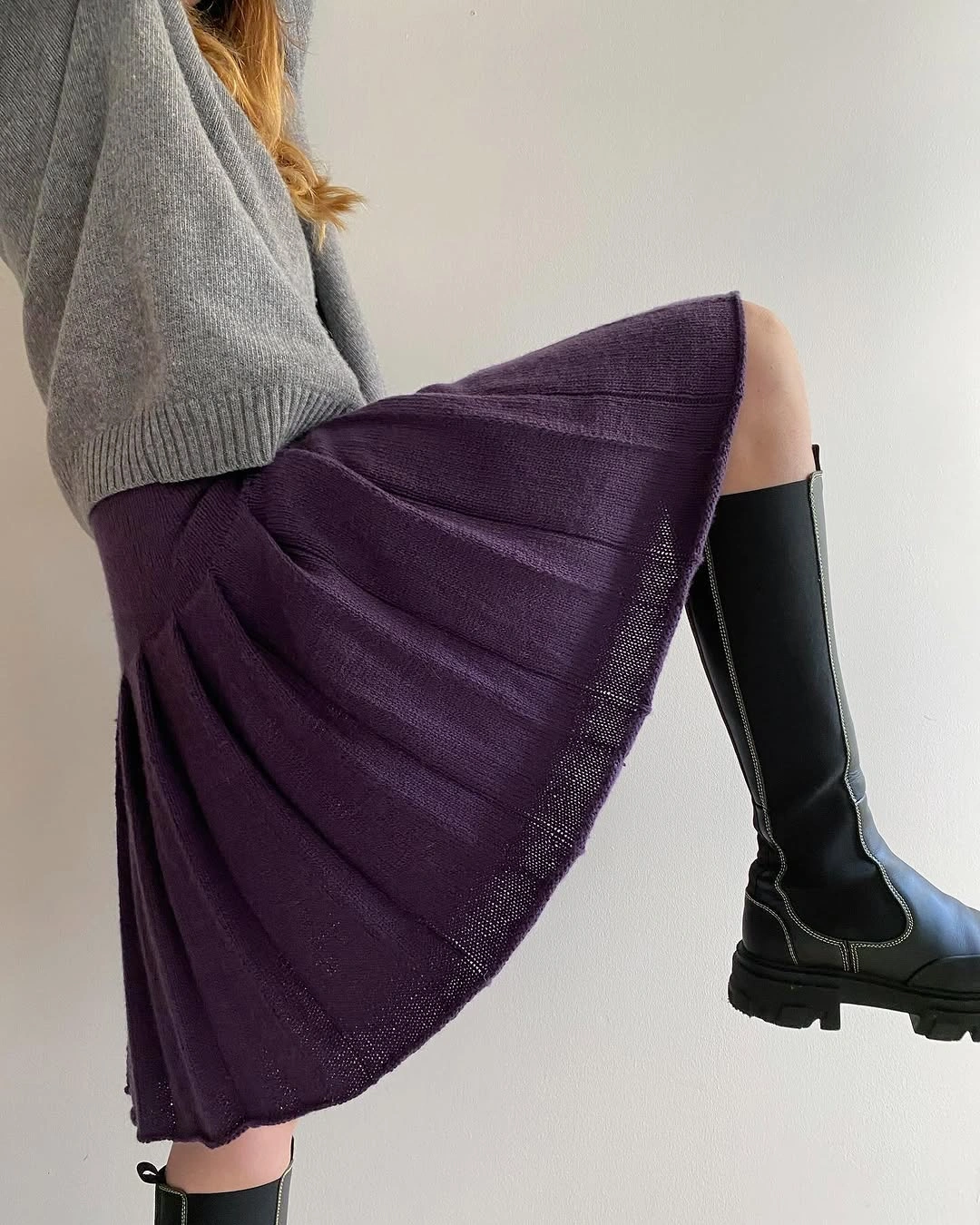 knit skirt outfits fall 2026 Deep Plum Knit Skirt With Modern Combat Boots