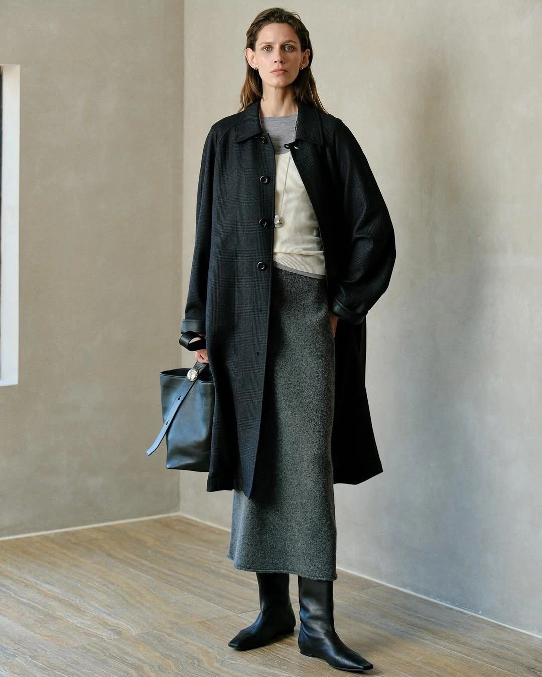 knit skirt outfits fall 2026 Minimalist Elegance With a Grey Knit Midi Skirt